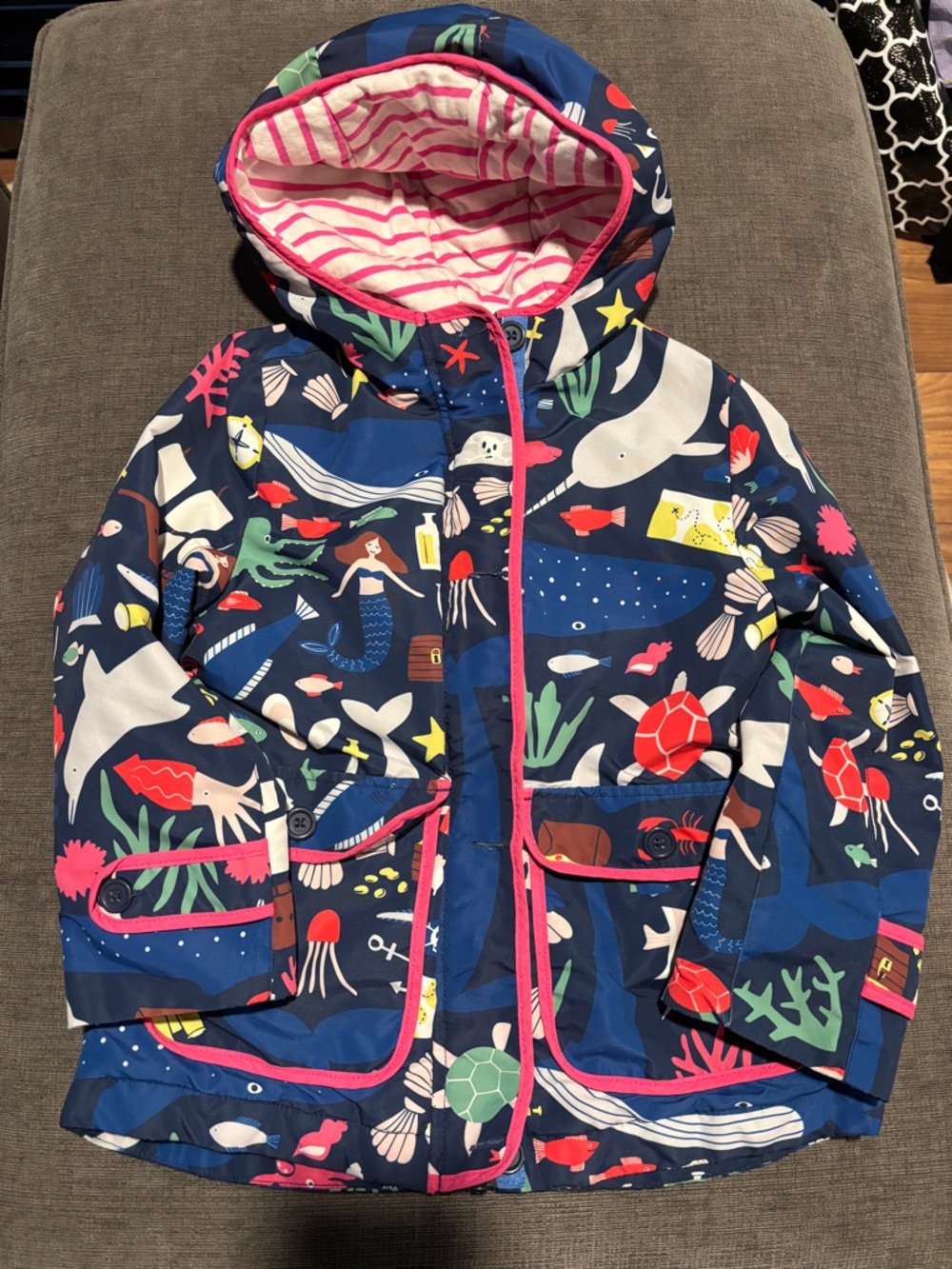 Mini Boden Navy Blue Sea Creature Print Hooded Lined Rain Jacket